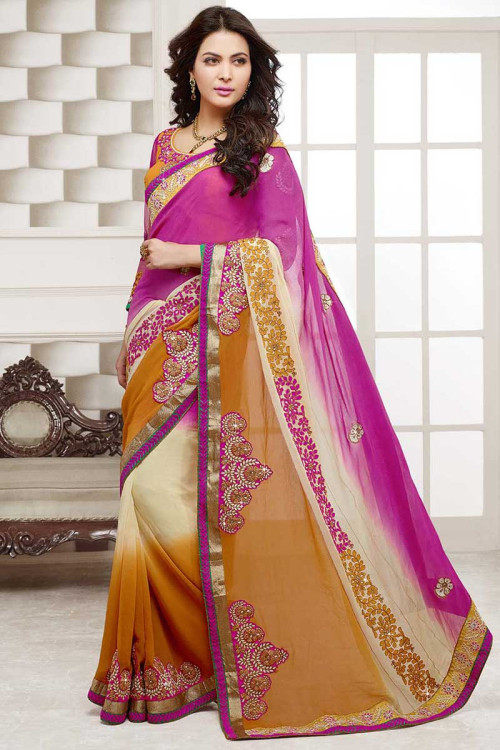Beige With Rani And Yellow Georgette Saree