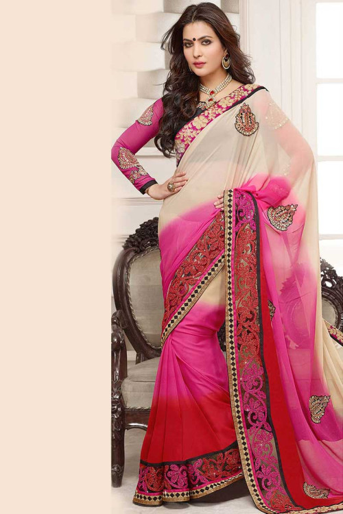 Beige with Red and Rani Georgette Saree