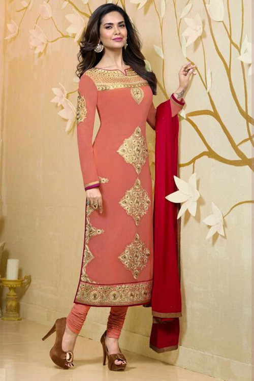 Gold Pink Georgette Churidar Suit with Pink Dupatta