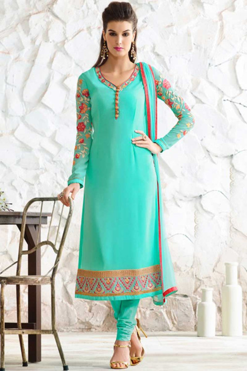 Sea green Georgette Churidar Suit With Patch embroidered Dupatta