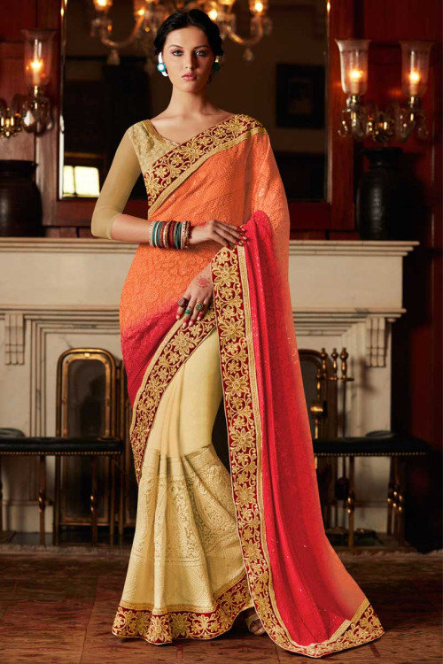 Cream orange and red Georgette Saree With Net Blouse