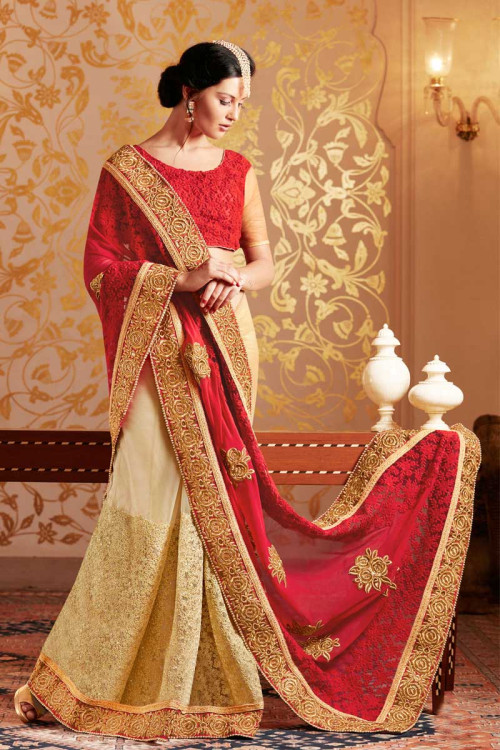 Cream and maroon Georgette Saree With Net Blouse