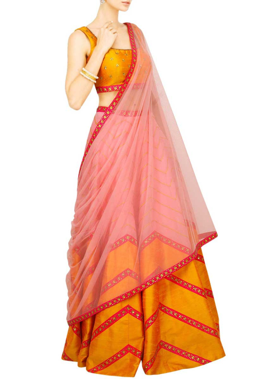 Pink And Yellow Art Silk Lehenga With Art Silk Choli