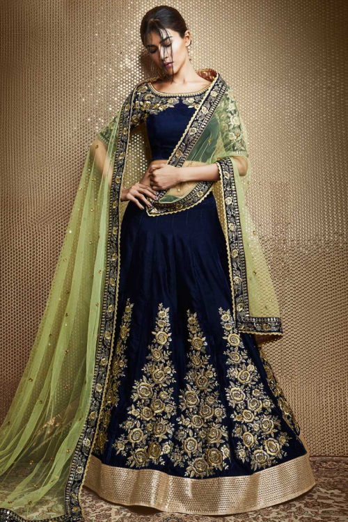 Navy Blue Velvet Ready Lehenga with Embroidered Velvet Choli