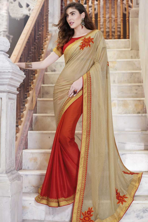 Beige And Maroon Chiffon, Jacquard, Viscose And Lycra Saree With Dupion Blouse