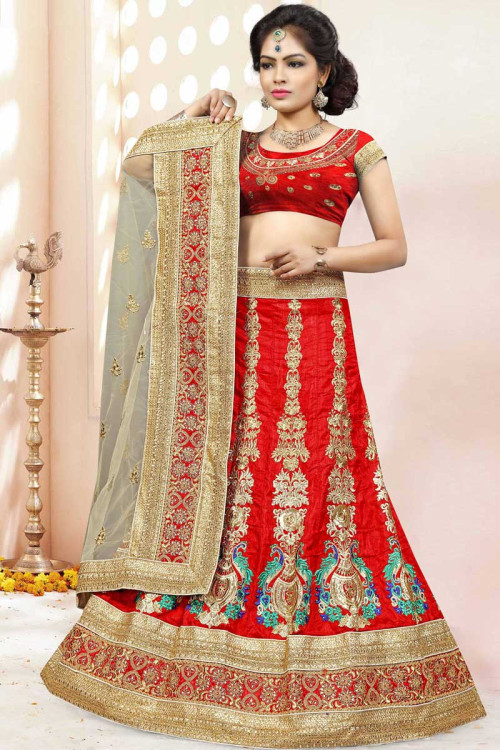 Red Net And Faux Silk Lehenga With Bhagalpuri Silk Choli
