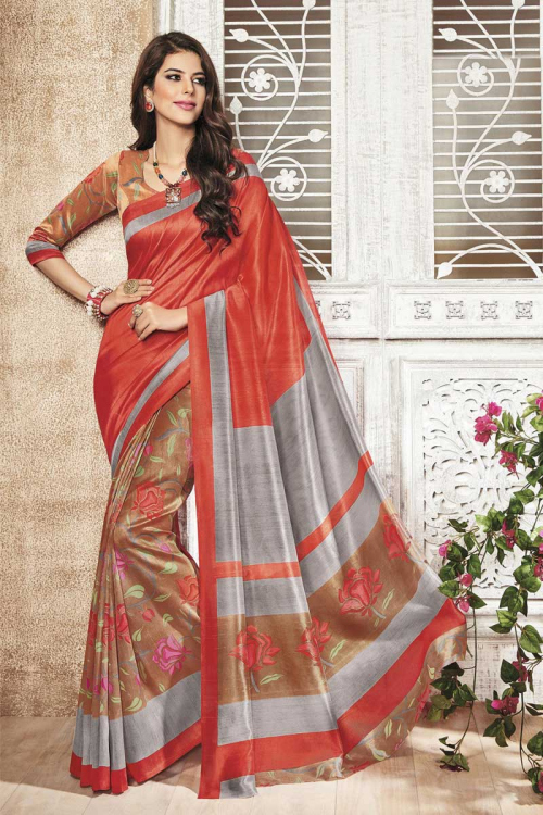 Red And Brown Art Silk Saree With Art Silk Blouse