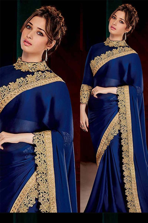 Tammna bhatia navy blue Silk Saree With Silk Blouse