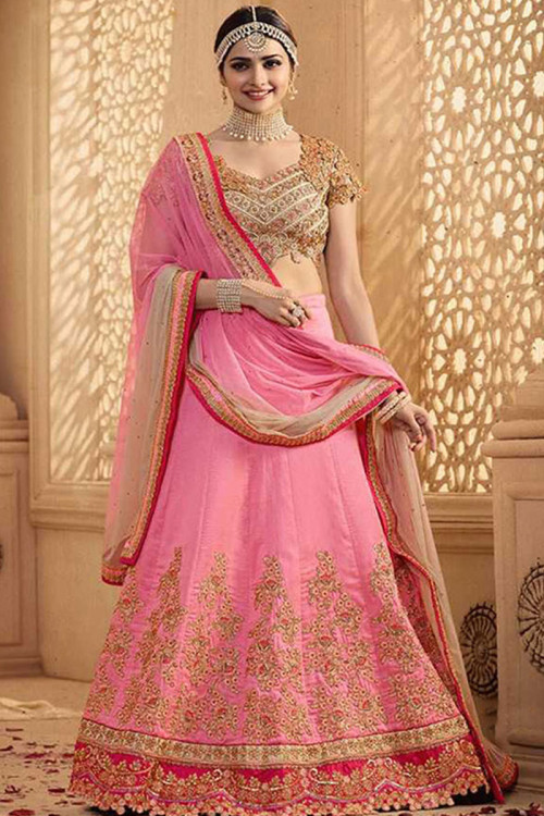 Bollywood Prachi Desai In Pink Banglori Silk Lehenga With Banglori Silk Choli