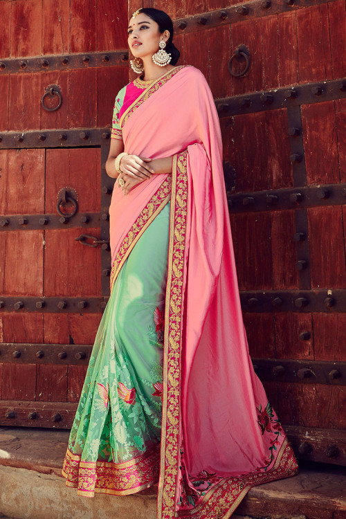 Pink And Green Net And Silk Saree With Blouse