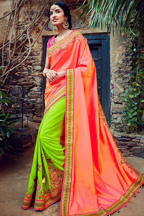 Green And Peach Tussar Silk Saree With Blouse