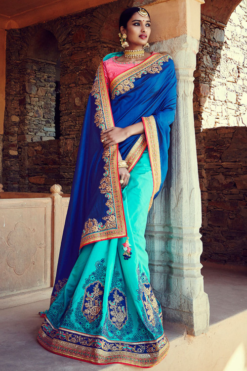 Blue And Firozi Tussar Silk Saree With Blouse
