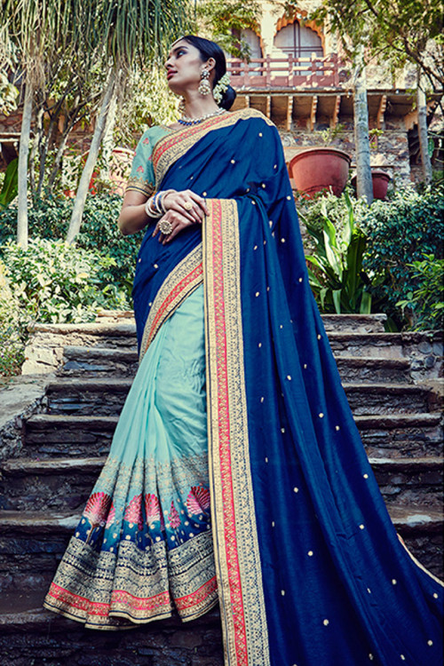Blue And Firozi Silk Saree With Blouse