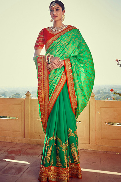 Green Taffy Silk Saree With Blouse