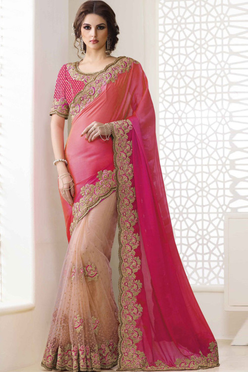 Buy Light Pink Net And Silk Saree With Brocade Blouse Online - Dmv11606 ...