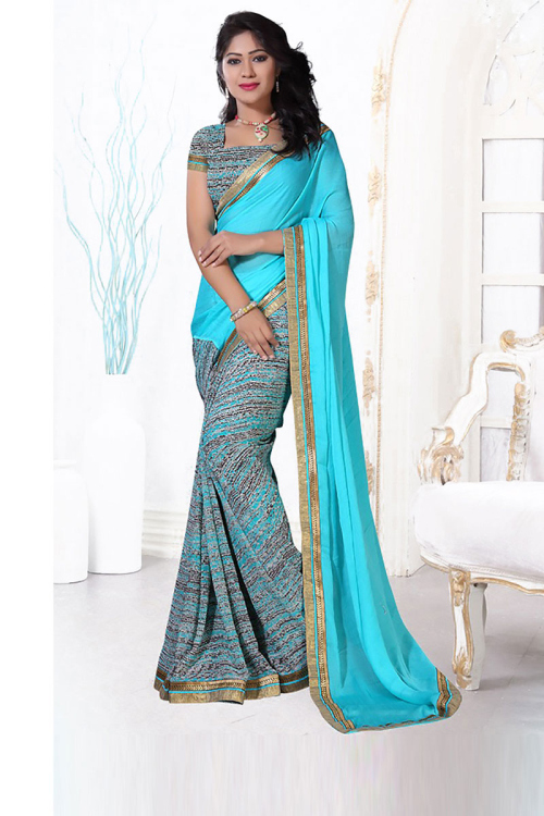 Awesome Aqua Green Georgette Saree With Georgette Blouse