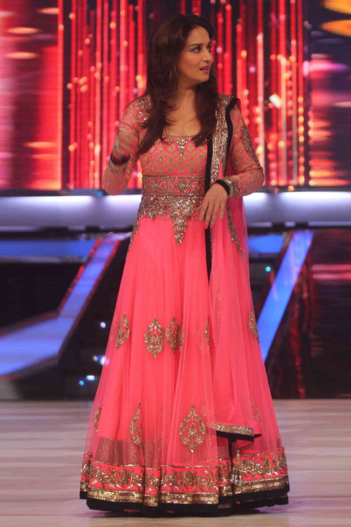Bollywood Madhuri Dixit Pink Net Anarkali Churidar Suit