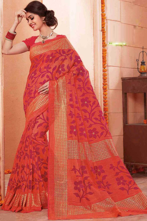 Designer Orange Art Silk Saree With Art Silk Blouse