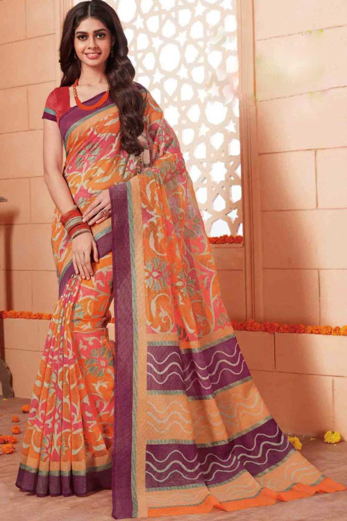 Designer Orange Art Silk Saree With Art Silk Blouse