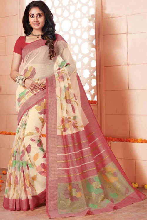 Trendy Cream Art Silk Saree With Art Silk Blouse