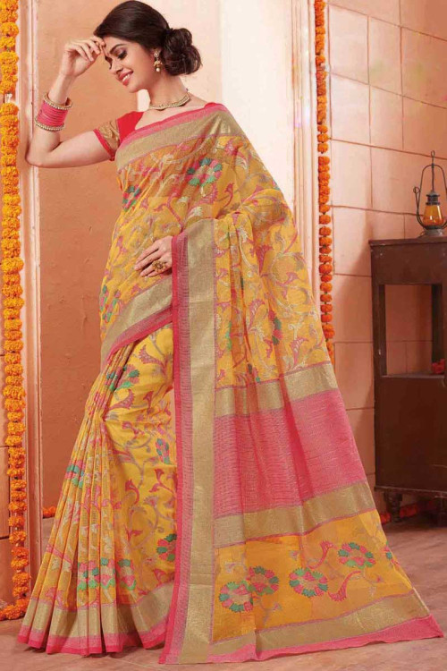 Trendy Yellow Art Silk Saree With Art Silk Blouse