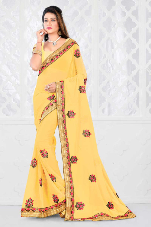 Georgette Saree With Brocade Blouse In Yellow Color