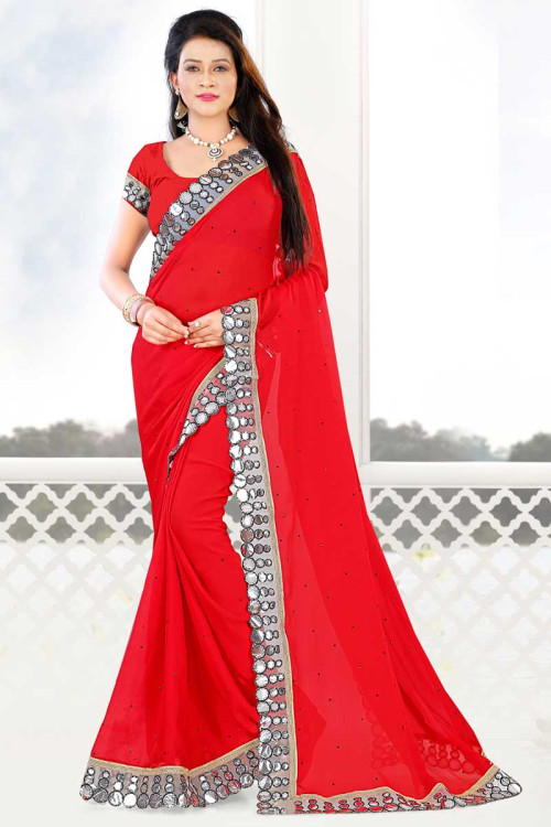 Chiffon Saree With Banglori Silk Blouse In Red Color