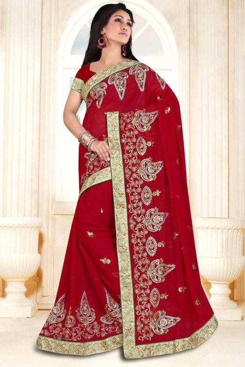 Georgette Saree With Georgette Blouse In Maroon Color