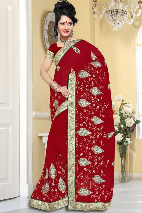 Georgette Saree Design With Georgette Blouse In Maroon Color