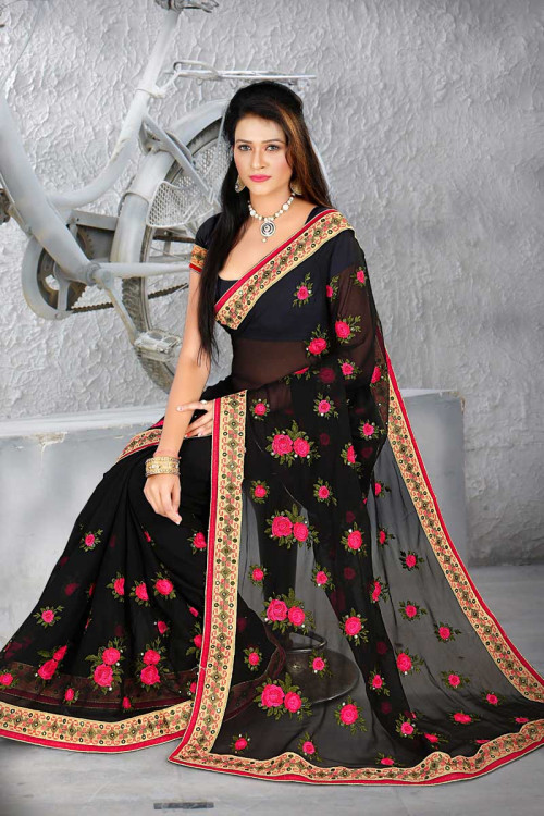 Georgette Saree With Soft Banglori Silk Blouse In Black Color