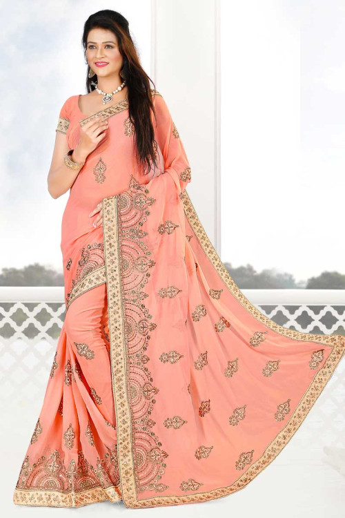 Mulberry Silk Saree With Banglori Silk Blouse In Peach Color