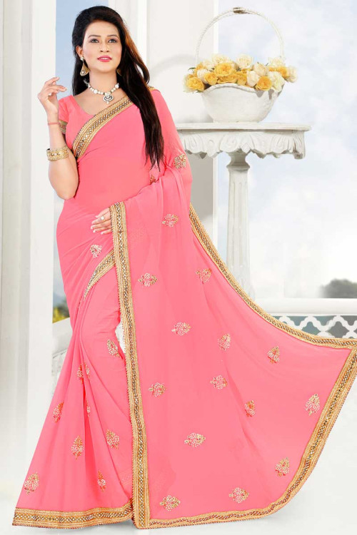 Trendy Pink Chiffon Saree With Banglori Silk Blouse