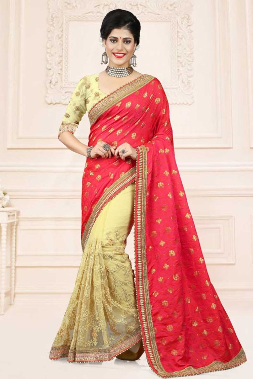 Jacquard And Net Saree With Jacquard Blouse In Cream And Red