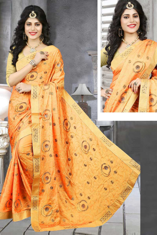 Silk Saree With Banglori Silk Blouse In Mandarin Orange