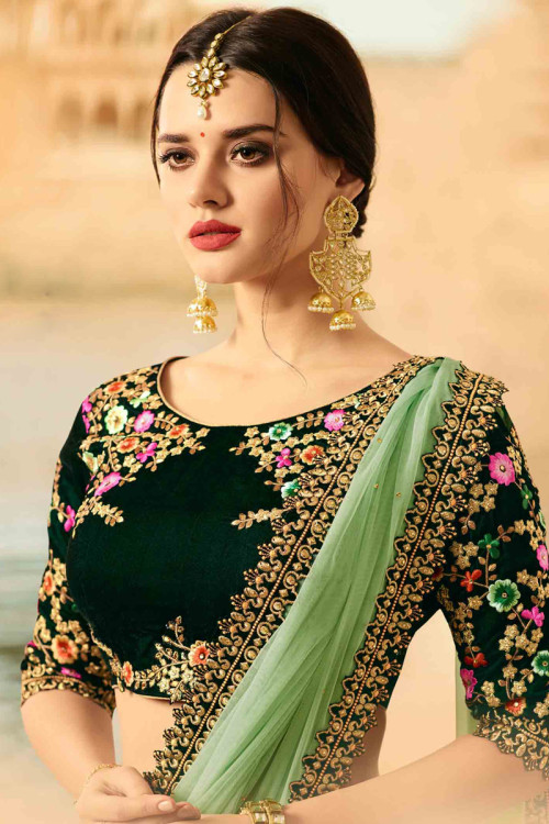 Pakistani Designer Dark Green Velvet Lehenga With Velvet Choli - Dmv12451