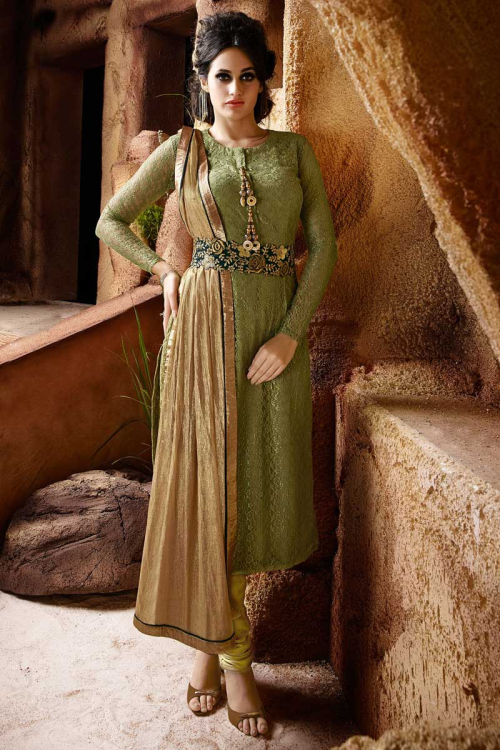 Green Jacquard Churidar Suit With Dupatta