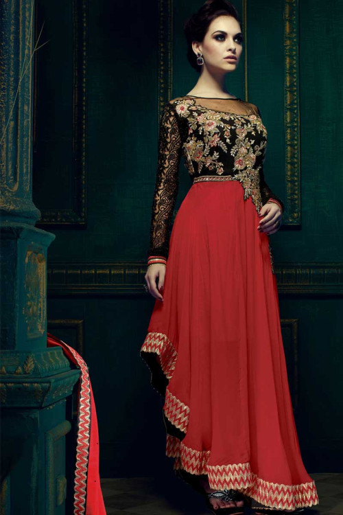 Black and red Georgette Anarkali churidar Suit With Dupatta