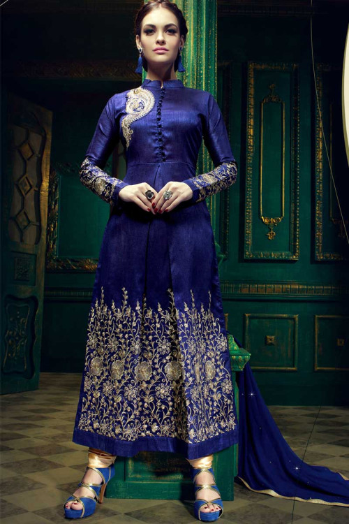 Blue Silk Churidar Suit With Dupatta