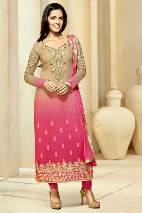 Cream Pink Georgette Churidar Suit with Chiffon Dupatta