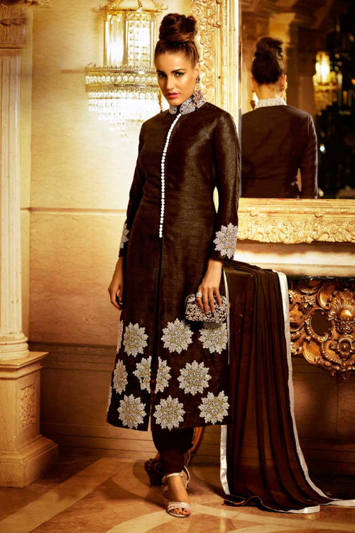 Brown Bhagalpuri Silk Churidar Suit With Dupatta