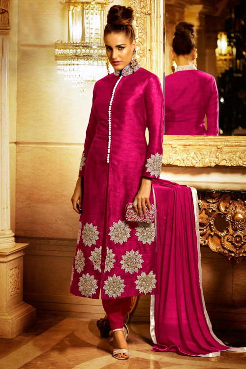Rani Coloured Heavy Banarasi Silk Suit With Heavy Hand Embroidered Dupatta