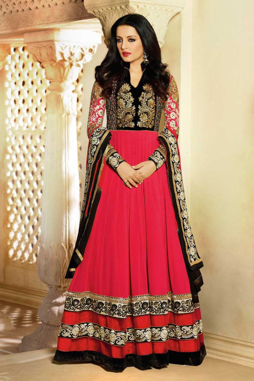 Red Designer Georgette Anarkali Churidar Suit With Dupatta