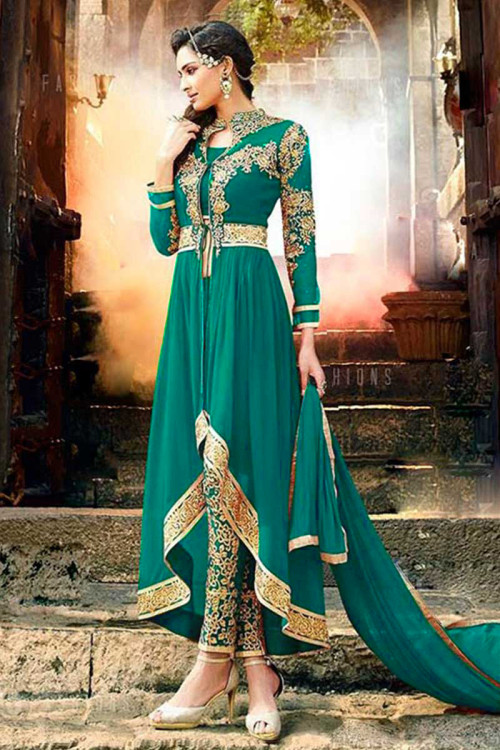 Teal Green Georgette Trail Green Anarkali Suit With Cigarette Pant