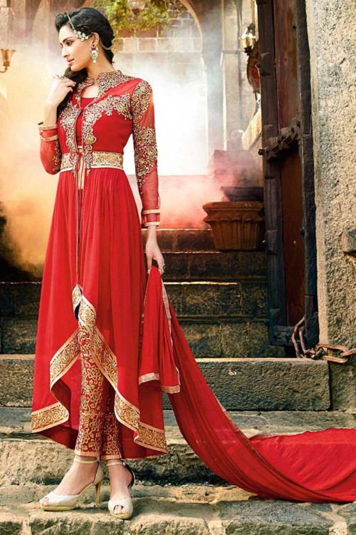 Candy Red Georgette Trail Cut Anarkali Suit With Cigarette Pant
