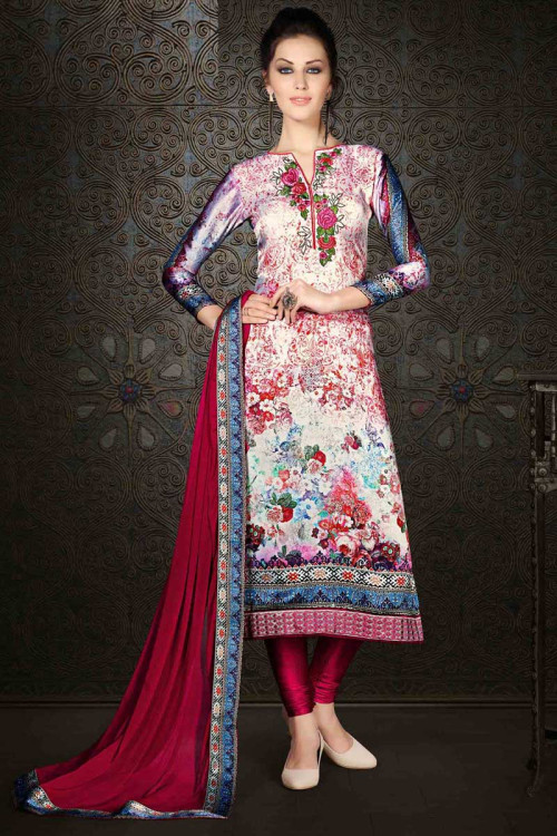 Multi Color Crepe And Satin Churidar Suit With Dupatta