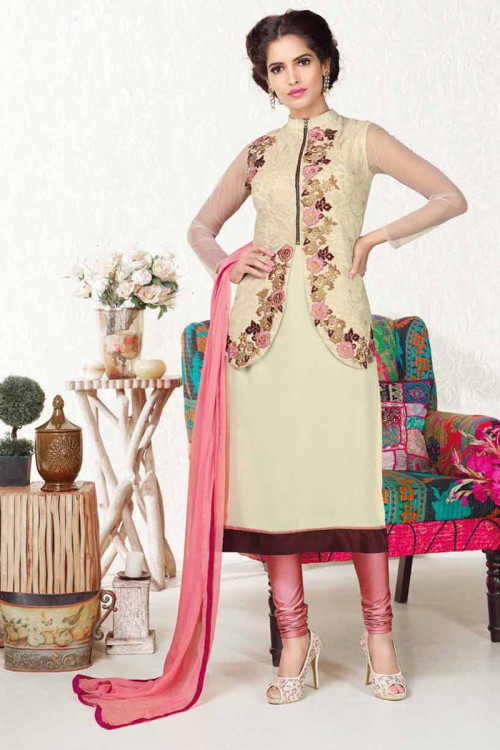 Designer Cream Georgette And Net Churidar Suit With Dupatta