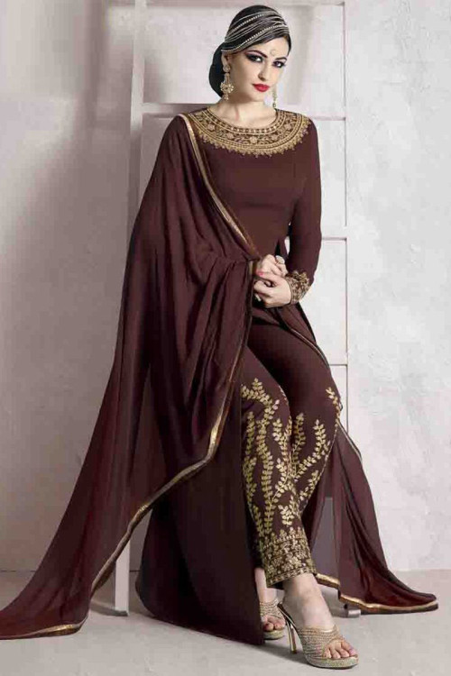Brown Georgette Trouser Suit With Dupatta