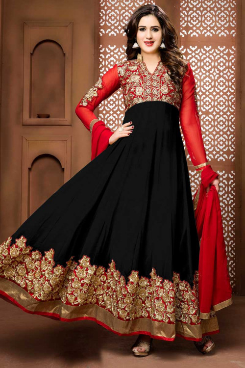 Red And Black Georgette Anarkali Churidar Suit With Dupatta