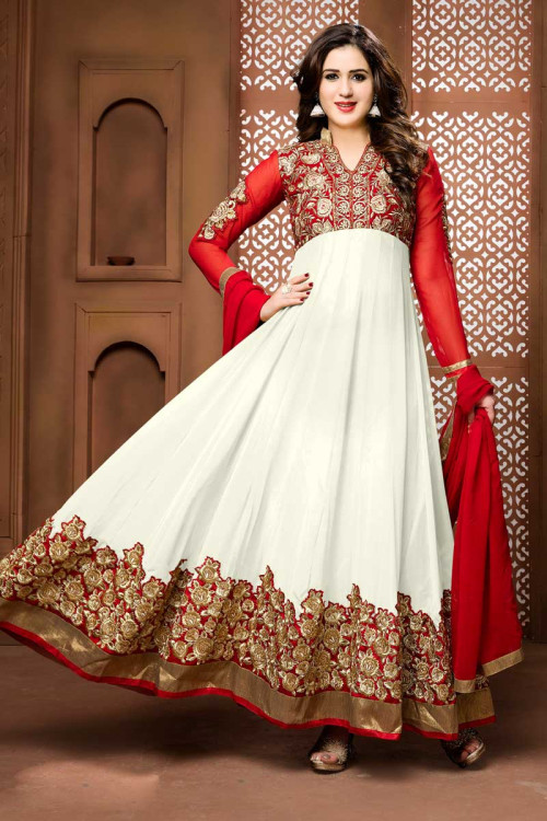 Red And White Georgette Anarkali Churidar Suit With Dupatta