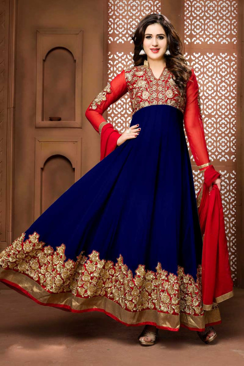 Red And Blue Georgette Anarkali Churidar Suit With Dupatta